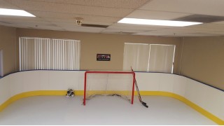Careful for the windows, synthetic ice rink